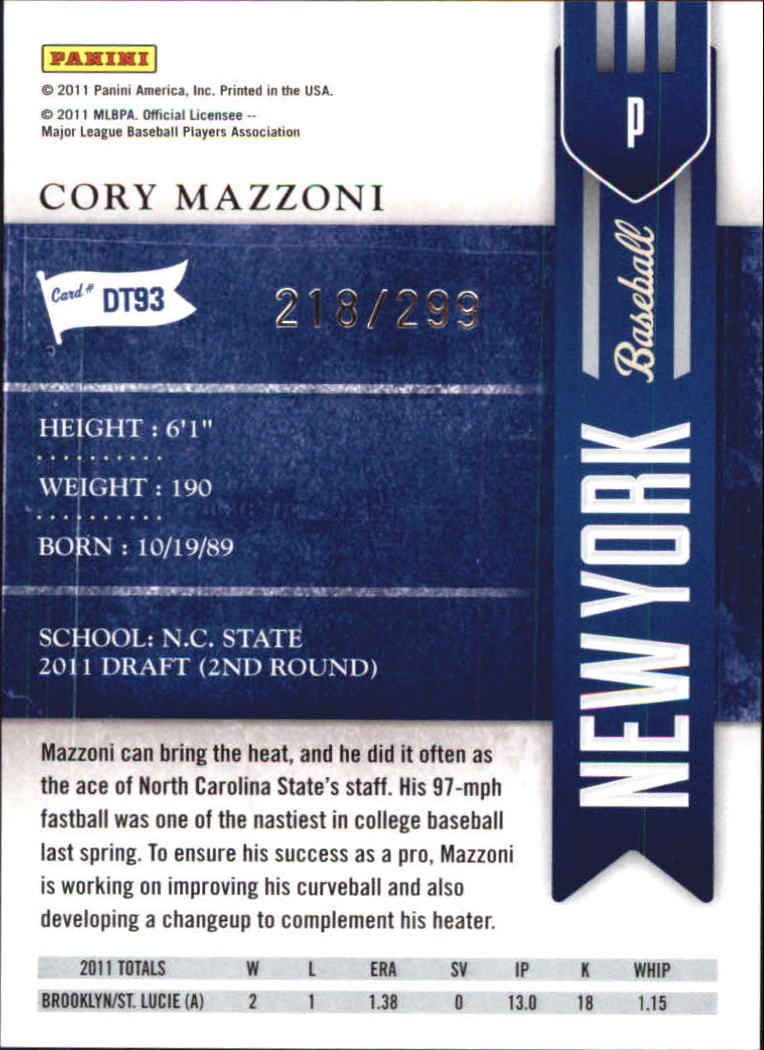 2011 Playoff Contenders Draft Ticket Crystal Collection #DT93 Cory Mazzoni back image