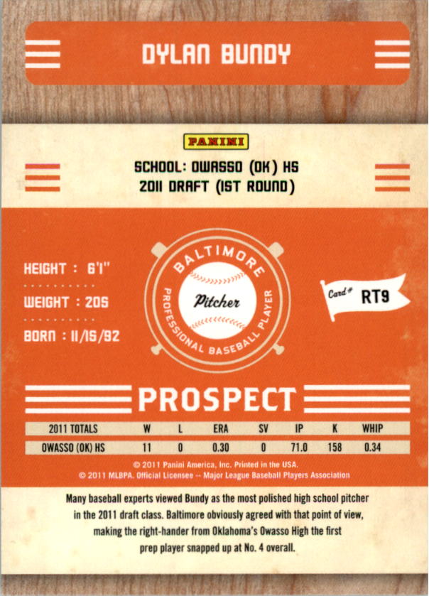 2011 Playoff Contenders Prospect Ticket #RT9 Dylan Bundy back image