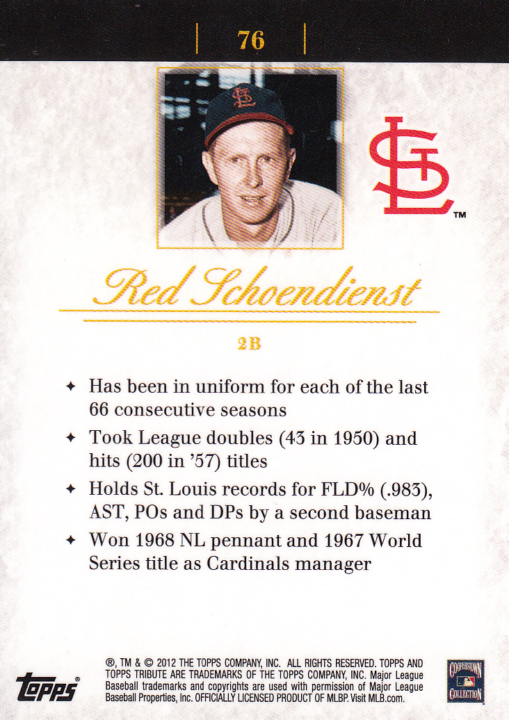 2012 Topps Tribute #76 Red Schoendienst back image