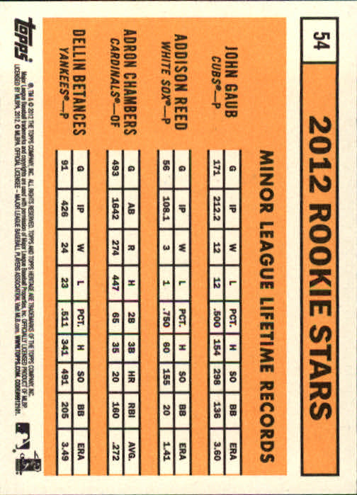 2012 Topps Heritage #54A John Gaub RC/Addison Reed RC/Adron Chambers RC/Dellin Betances RC back image