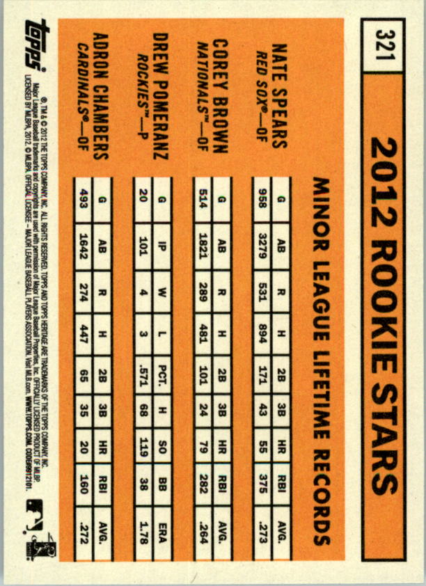 2012 Topps Heritage #321 Drew Pomeranz RC/Nate Spears (RC)/Corey Brown RC/Adron Chambers RC back image