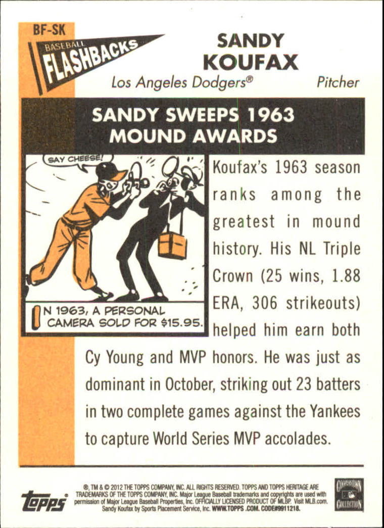 2012 Topps Heritage Baseball Flashbacks #SK Sandy Koufax back image
