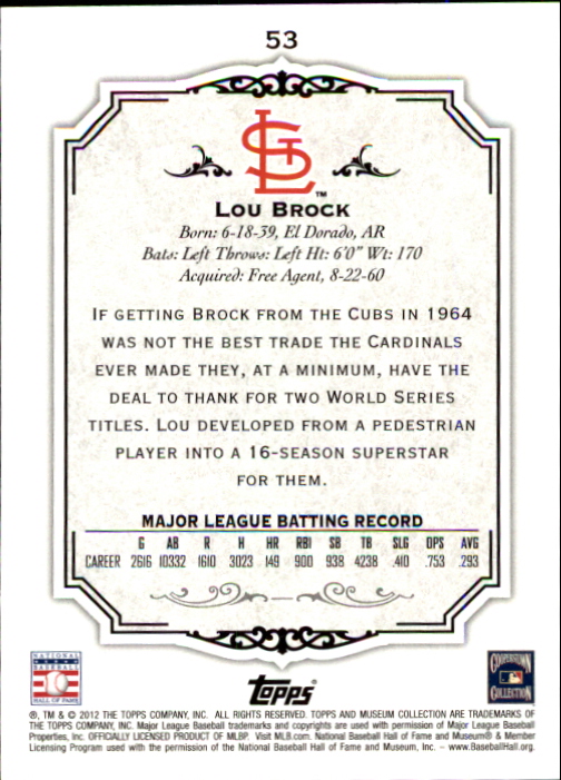 2012 Topps Museum Collection #53 Lou Brock back image