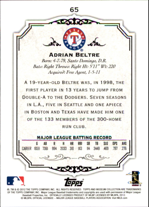2012 Topps Museum Collection #65 Adrian Beltre back image