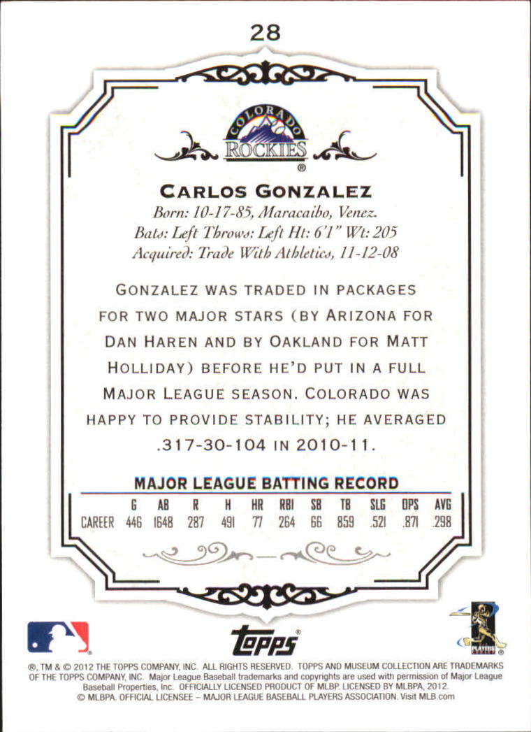 2012 Topps Museum Collection Green #28 Carlos Gonzalez back image