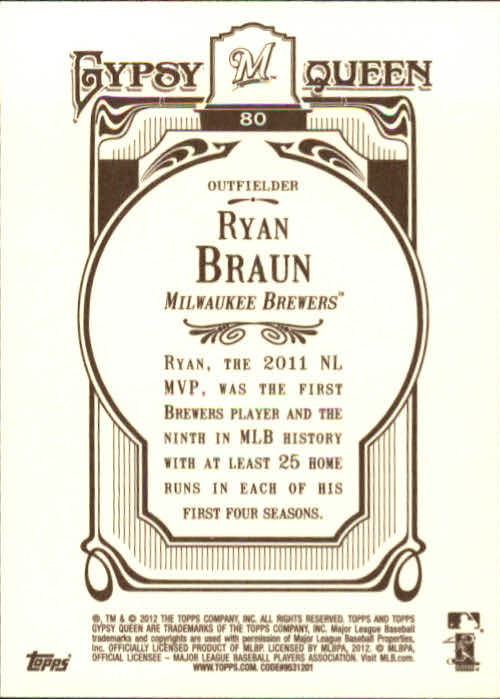 2012 Topps Gypsy Queen #80A Ryan Braun back image