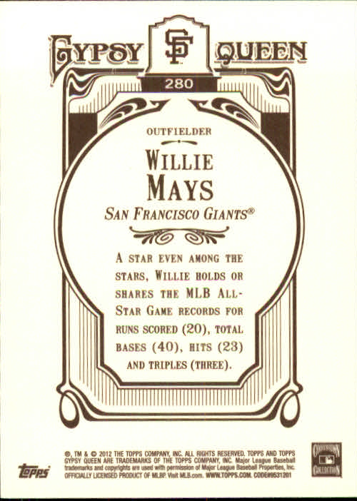 2012 Topps Gypsy Queen #280 Willie Mays back image