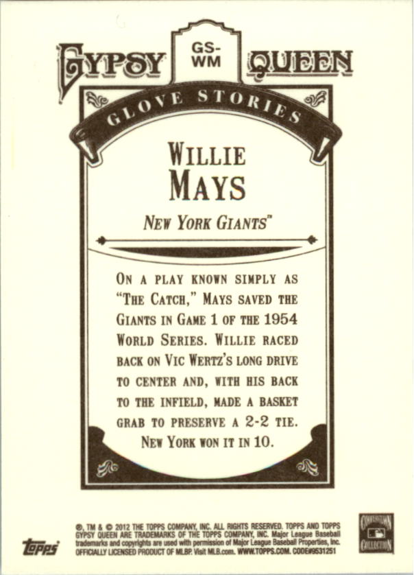 2012 Topps Gypsy Queen Glove Stories #WM Willie Mays back image
