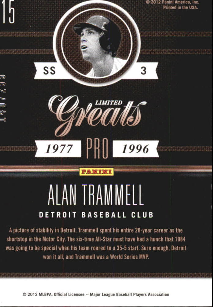 2011 Limited Greats #15 Alan Trammell back image