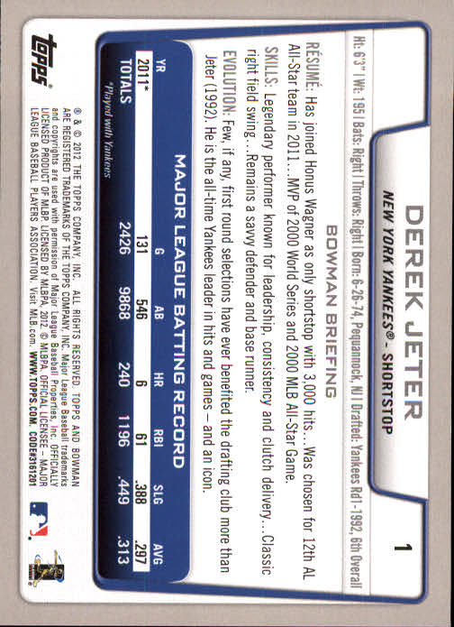 2012 Bowman #1 Derek Jeter back image