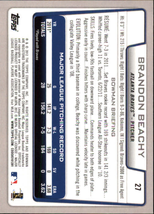 2012 Bowman #27 Brandon Beachy back image