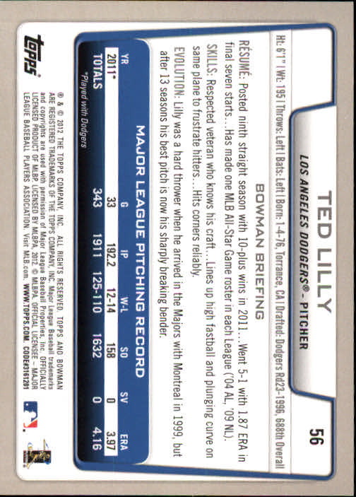 2012 Bowman #56 Ted Lilly back image