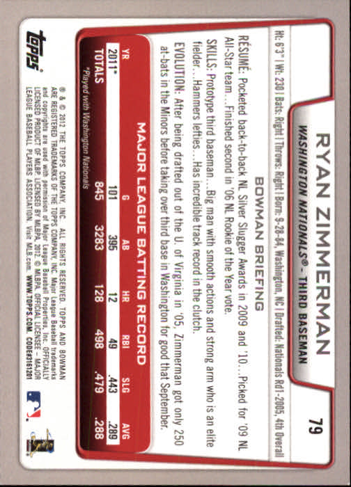 2012 Bowman #79 Ryan Zimmerman back image