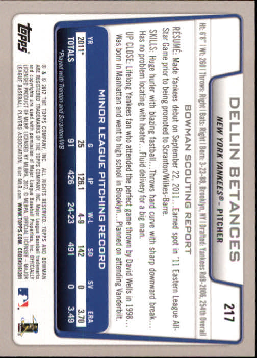 2012 Bowman #217 Dellin Betances RC back image