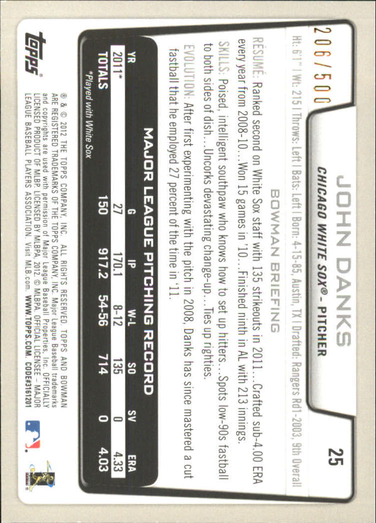 2012 Bowman Blue #25 John Danks back image