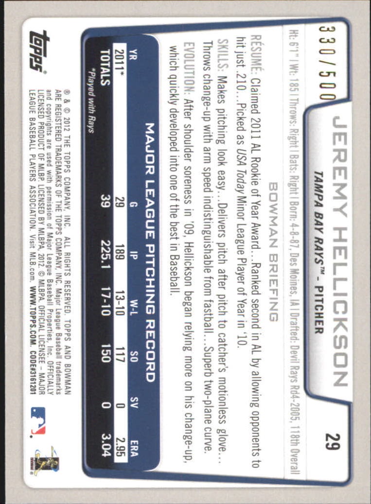2012 Bowman Blue #29 Jeremy Hellickson back image
