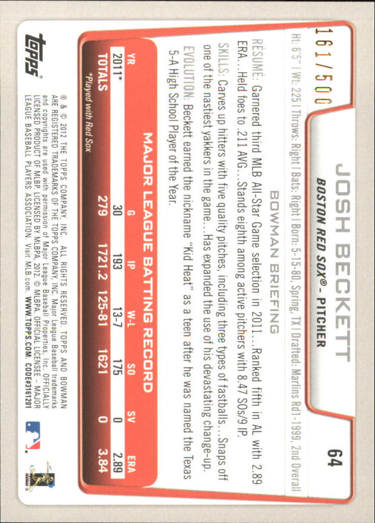 Carte parallele Bowman Baseball 2012 "Main Set Blue" - Foto 21 di 61