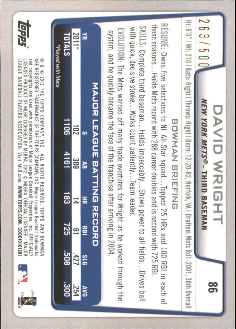 2012 Bowman Blue #86 David Wright back image