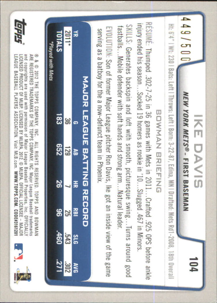 2012 Bowman Blue #104 Ike Davis back image