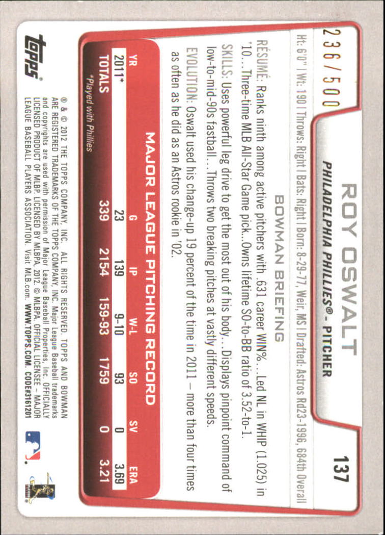 Carte parallele Bowman Baseball 2012 "Main Set Blue" - Foto 39 di 61