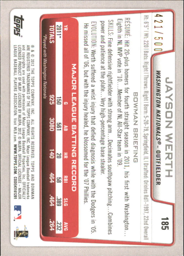 Carte parallele Bowman Baseball 2012 "Main Set Blue" - Foto 51 di 61