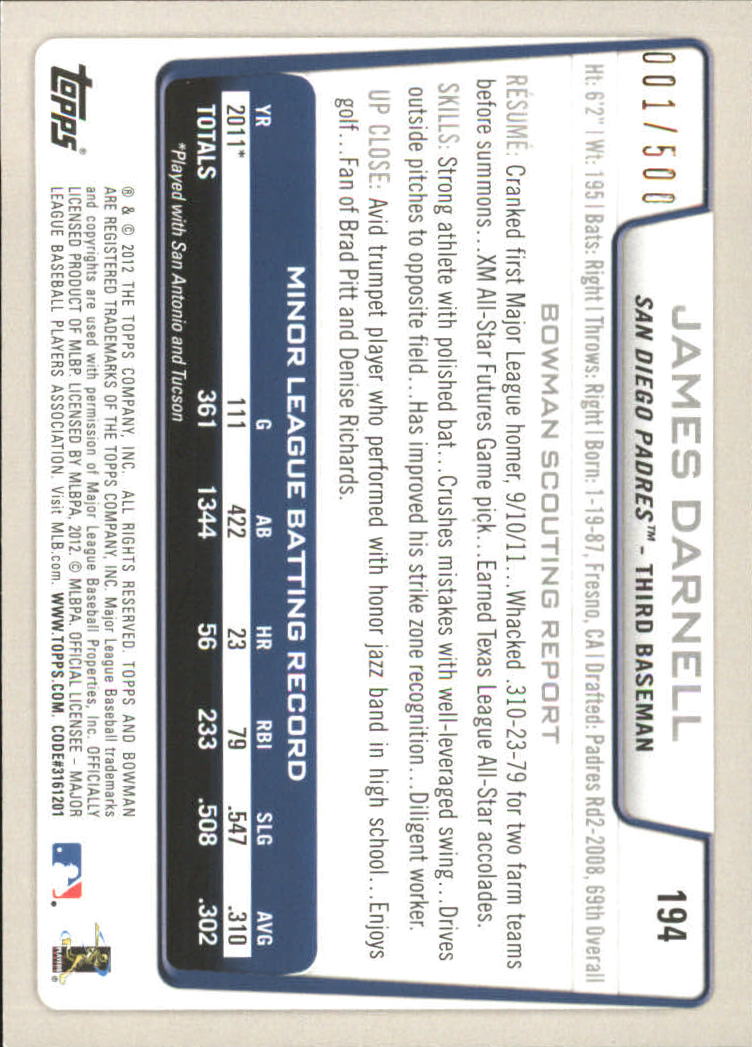 Carte parallele Bowman Baseball 2012 "Main Set Blue" - Foto 55 di 61