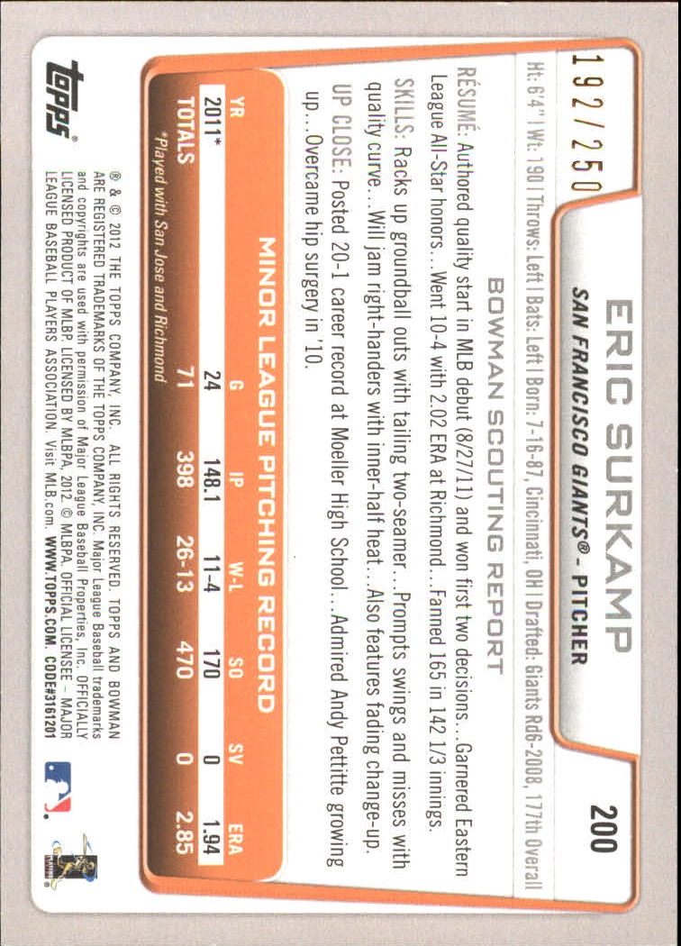 Carte parallele Bowman Baseball 2012 "Main Set Orange" - Foto 21 di 25