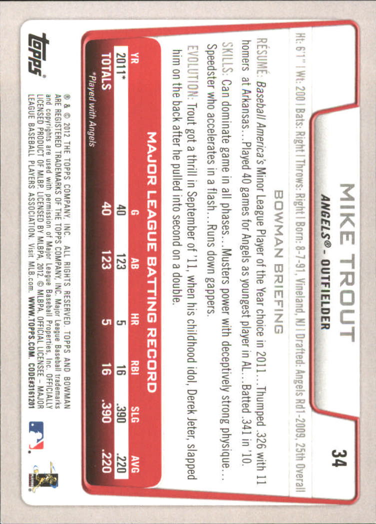 2012 Bowman Gold #34 Mike Trout back image