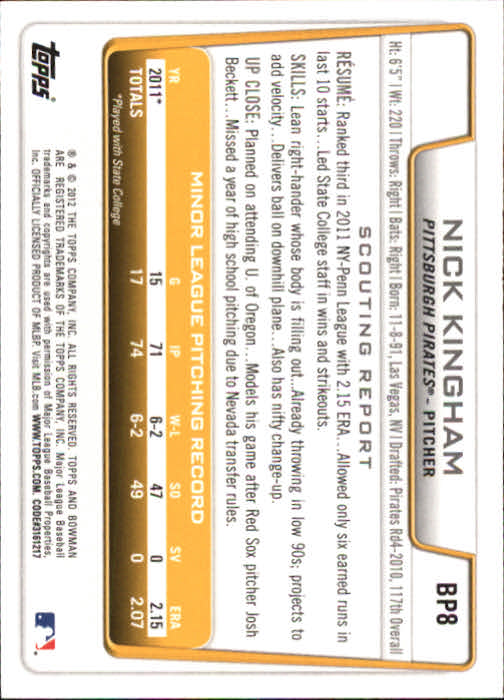 2012 Bowman Prospects #BP8 Nick Kingham back image