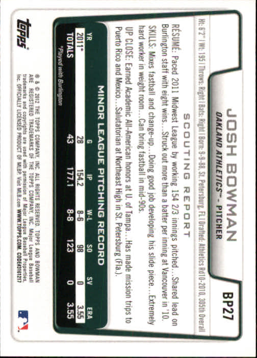 2012 Bowman Prospects #BP27 Josh Bowman back image