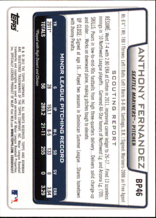2012 Bowman Prospects #BP46 Anthony Fernandez back image