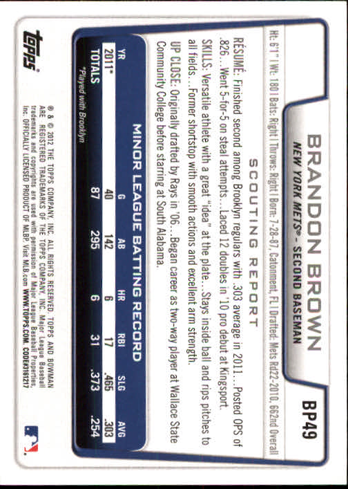 2012 Bowman Prospects #BP49 Brandon Brown back image