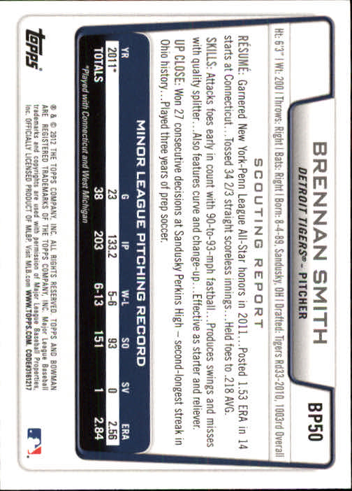 2012 Bowman Prospects #BP50 Brennan Smith back image