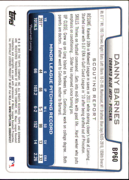 2012 Bowman Prospects #BP60 Danny Barnes back image