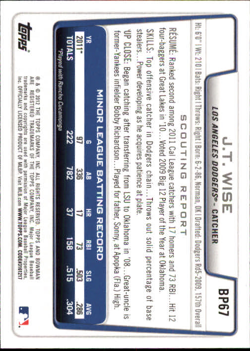 2012 Bowman Prospects #BP67 J.T. Wise back image