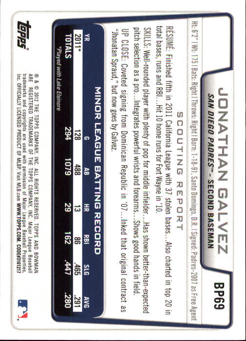 2012 Bowman Prospects #BP69 Jonathan Galvez back image