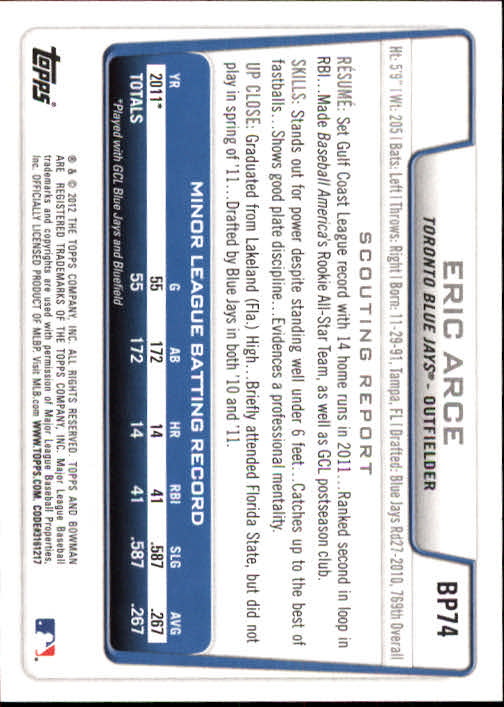 2012 Bowman Prospects #BP74 Eric Arce back image