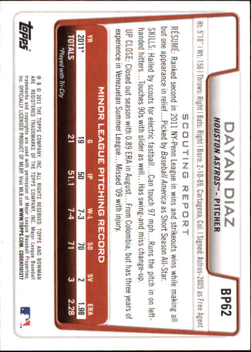 2012 Bowman Prospects #BP62B Dayan Diaz back image