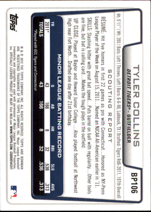 2012 Bowman Prospects #BP106 Tyler Collins back image