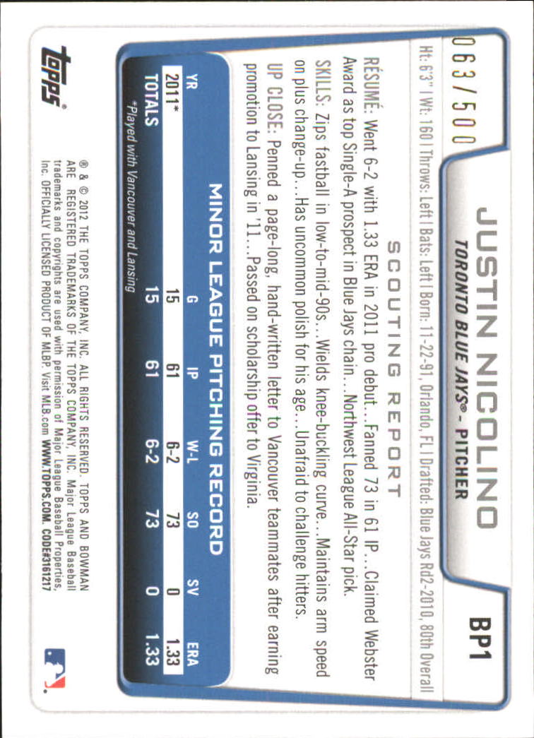 Tarjetas paralelas de béisbol Bowman 2012 "Prospects Blue" insertadas - Imagen 3 de 47