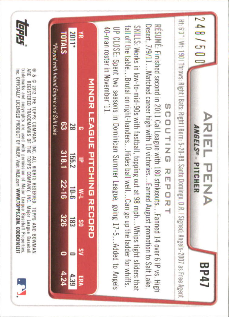 Tarjetas paralelas de béisbol Bowman 2012 "Prospects Blue" insertadas - Imagen 19 de 47