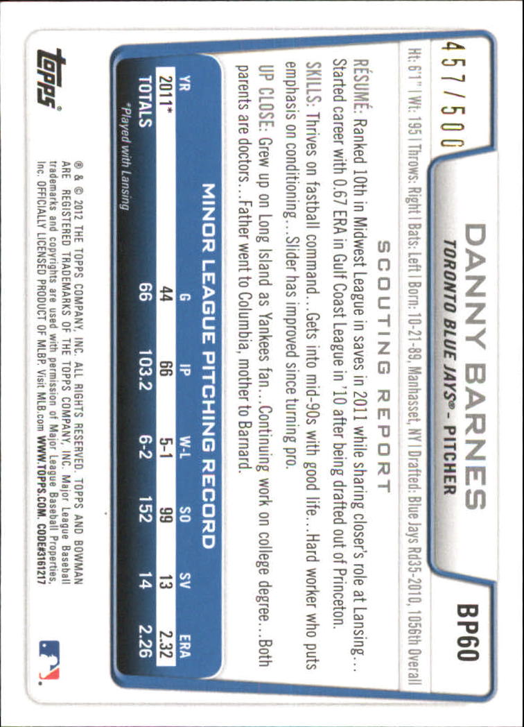 Tarjetas paralelas de béisbol Bowman 2012 "Prospects Blue" insertadas - Imagen 27 de 47