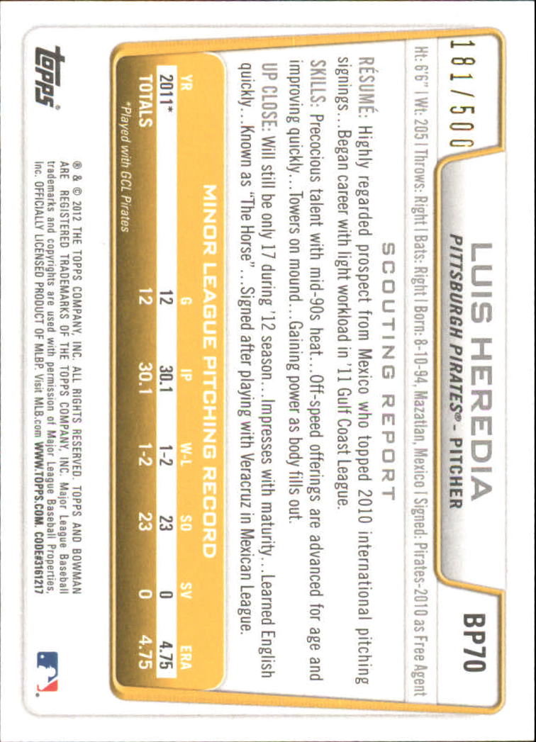 Tarjetas paralelas de béisbol Bowman 2012 "Prospects Blue" insertadas - Imagen 33 de 47