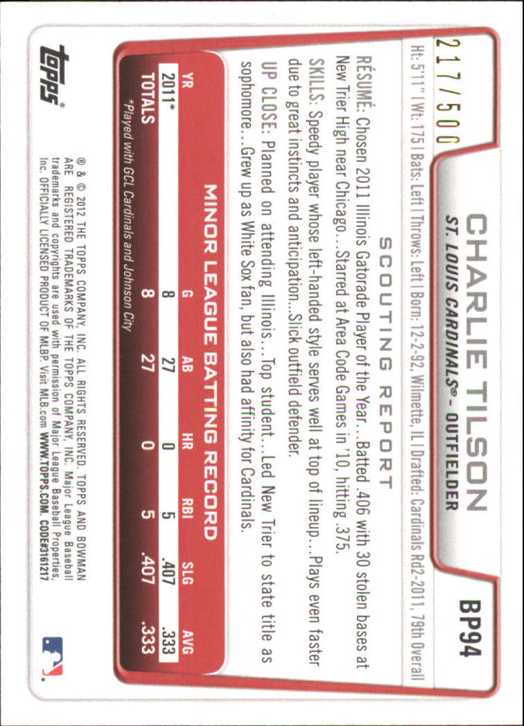 Tarjetas paralelas de béisbol Bowman 2012 "Prospects Blue" insertadas - Imagen 41 de 47