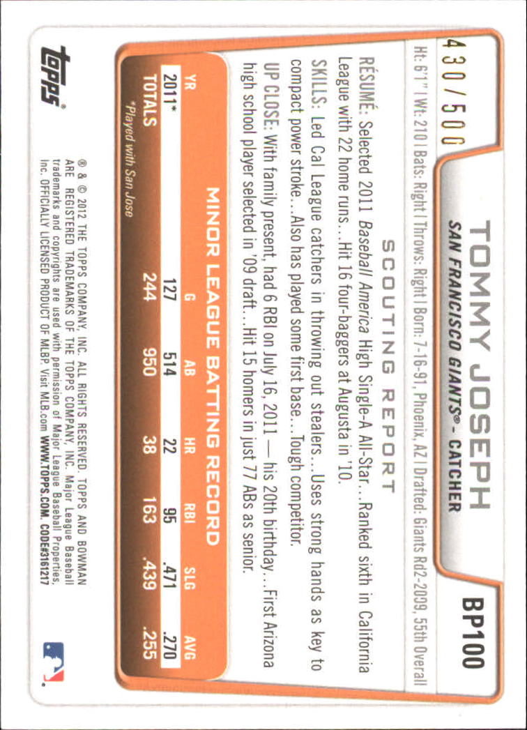 Tarjetas paralelas de béisbol Bowman 2012 "Prospects Blue" insertadas - Imagen 47 de 47