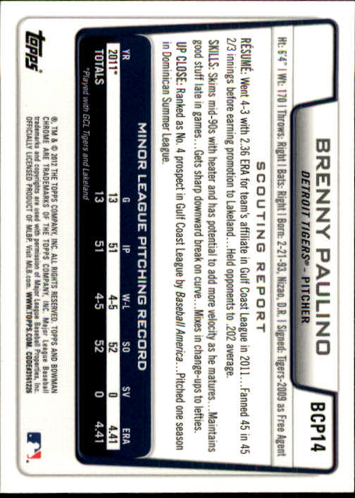 2012 Bowman Chrome Prospects #BCP14 Brenny Paulino back image