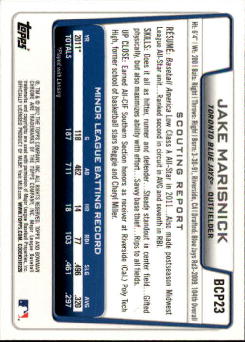 2012 Bowman Chrome Prospects #BCP23 Jake Marisnick back image