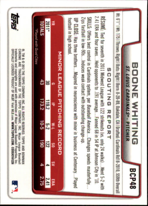 2012 Bowman Chrome Prospects #BCP48 Boone Whiting back image