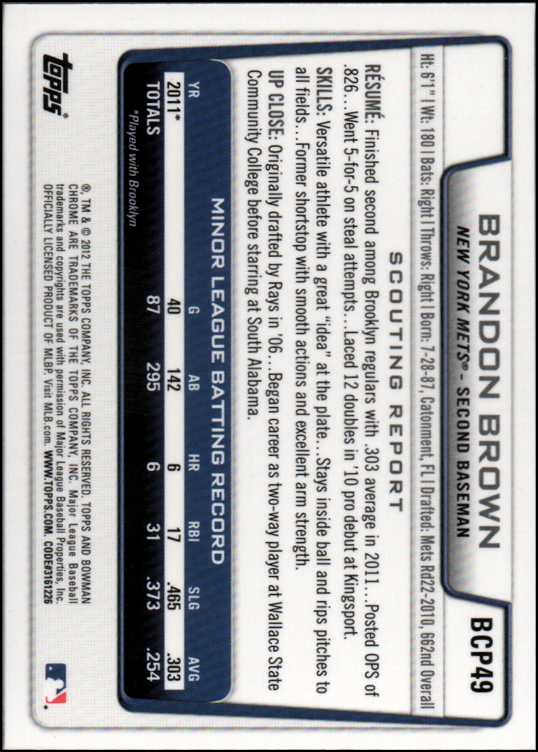 2012 Bowman Chrome Prospects #BCP49 Brandon Brown back image
