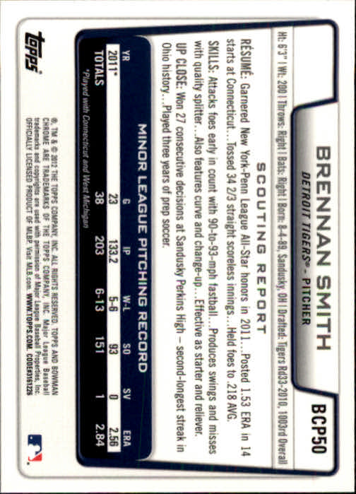 2012 Bowman Chrome Prospects #BCP50 Brennan Smith back image